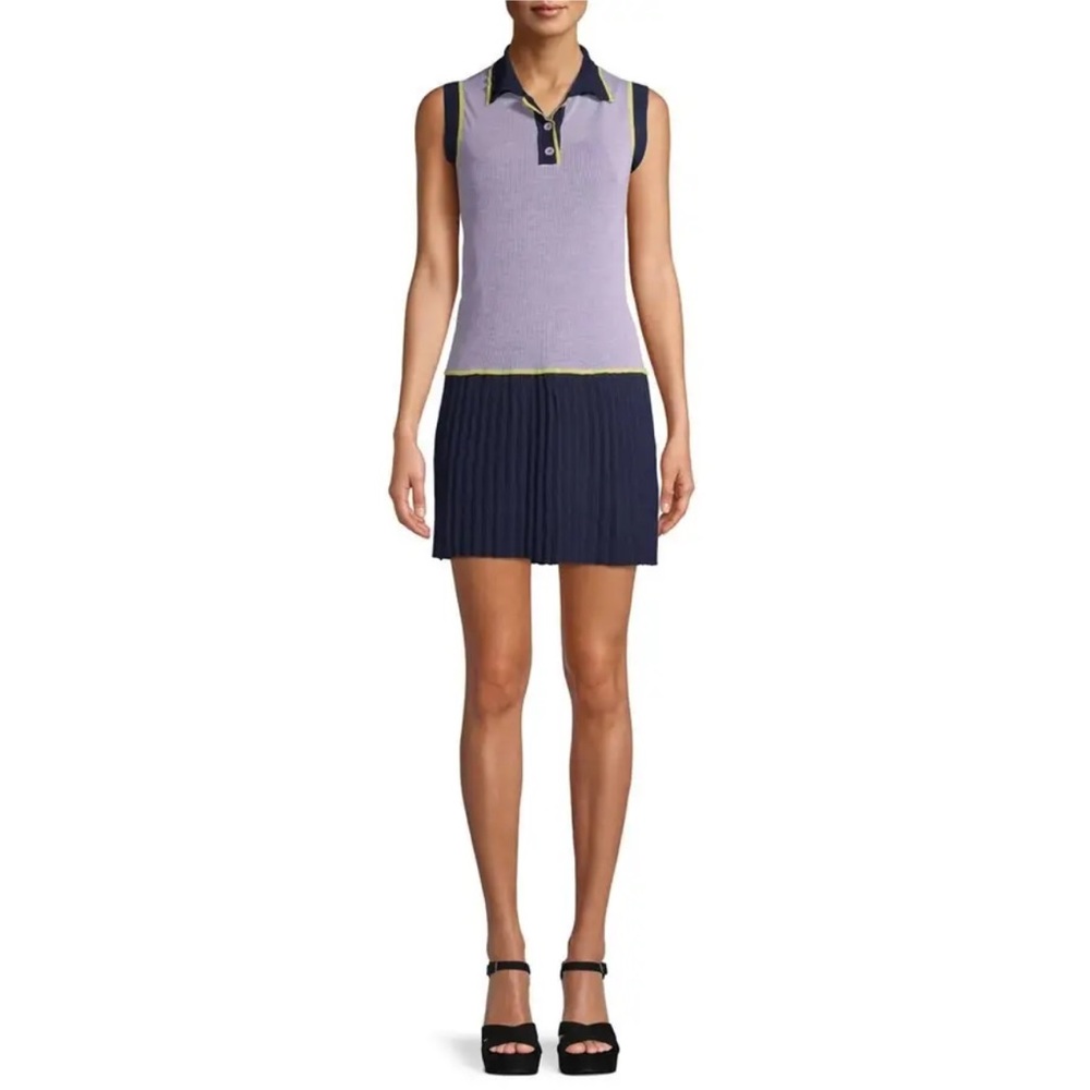 NWT Anna Sui XL Sporty Lavender/Navy/Yellow Trim Mini Sweater Dress